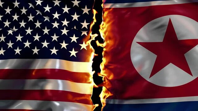 USA and North Korea flags face off across a burning fissure, representing dangerous diplomacy, intense opposition, and symbolic geopolitical tension