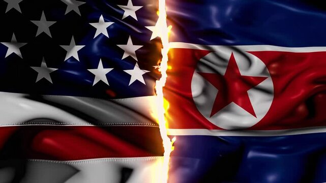 USA and North Korea flags face off across a burning fissure, representing dangerous diplomacy, intense opposition, and symbolic geopolitical tension