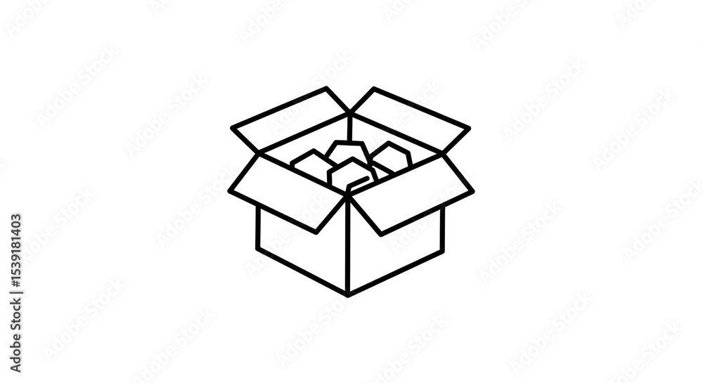 Poster a simple line drawing of an open cardboard box filled with abstract shapes against a white backgroun