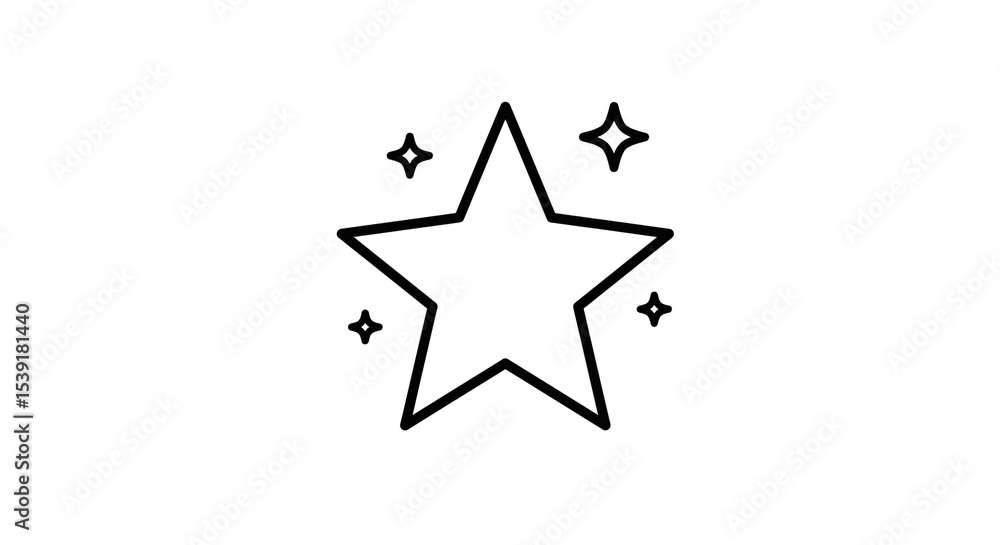 Poster a simple black outline of a five pointed star with four smaller sparkle shapes around it on white ba
