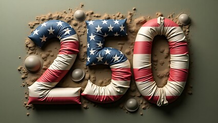 American flag pillows forming number 250 on sand