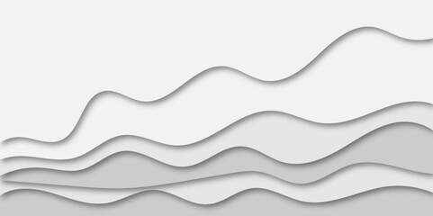 "Abstract white and gray paper cut waves background. Minimal 3D layered design with smooth curves and shadow effect. Ideal for modern presentations, web banners, or artistic digital wallpapers"