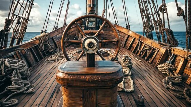 Wooden Ship Wheel at Sea: A Maritime Journey