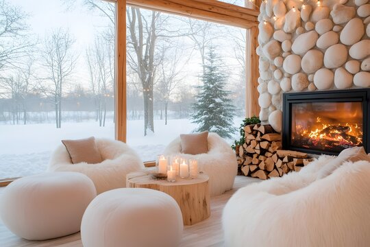 Cozy winter cabin living room with stone fireplace and sheepskin chairs, Floor to ceiling windows overlooking snowy forest, Stack of firewood beside candlelit wooden coffee table, Hygge retreat ambian