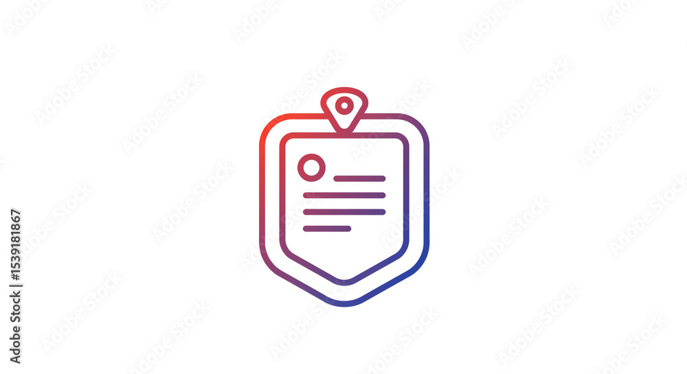 Aufkleber a stylized icon of a shield with a location pin and text lines in a gradient of red and blue hue