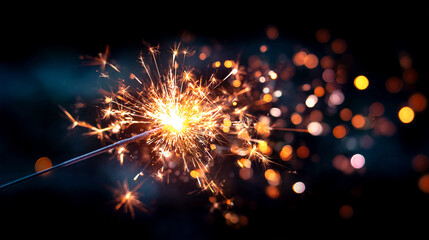 Obraz premium Glowing Sparkler with Bokeh Lights – Close-Up Festive Firework for Celebration and Holiday Design