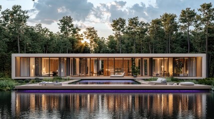 Modern house with a pool by a tranquil lake.