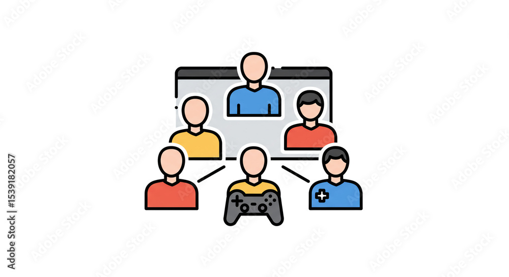 Poster illustration of a group of people connected to a person playing a game on a controller online game g