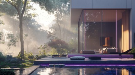 Modern house with a lush garden and pool.