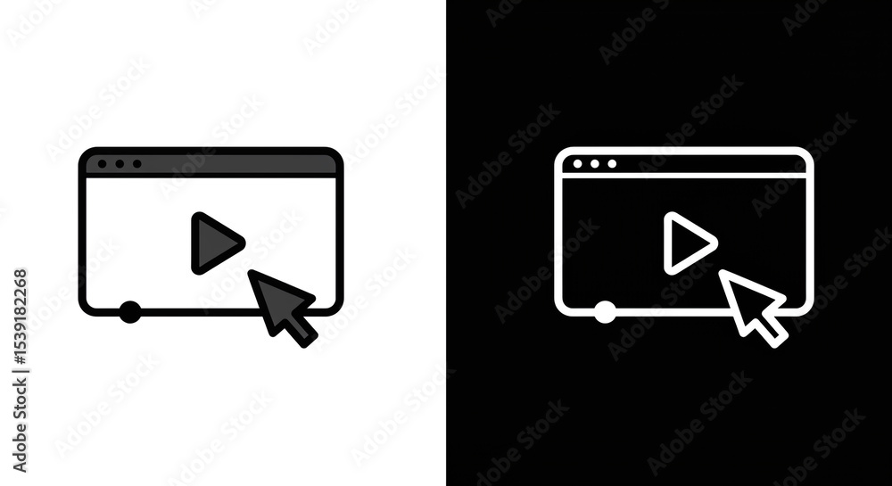 Poster illustration of a video player interface with a play button and a cursor on a split background
