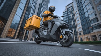 Food delivery courier riding a motor scooter with a yellow thermal backpack, navigating through the city to deliver meals quickly and efficiently. Concept of modern express delivery and urban logistic