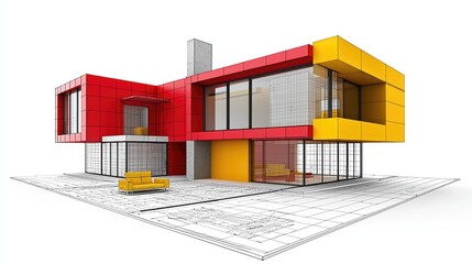 Modern house design on architectural blueprints.