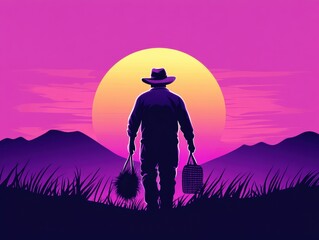 Fototapeta premium Silhouette of a farmer walking at sunset