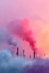 Obraz premium Atmospheric image of an industrial plant at dusk with pink tinted smoke rising. Evokes themes of environment, pollution, energy production, industry. Great for illustrating environmental issues.