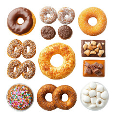 Assorted Donuts and Sweets Displayed Beautifully on a White Background for a Tempting Treat Experience on transparent background