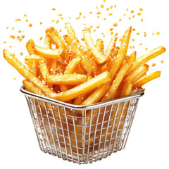 Crispy Golden French Fries in a Wire Basket with Seasoning Sprinkles on transparent background