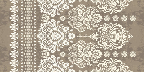 floral pattern vintage ethnic modern embroidery texture boho design vector illustration hand drawn pink flower motif branches leaves wallpaper seamless background border.