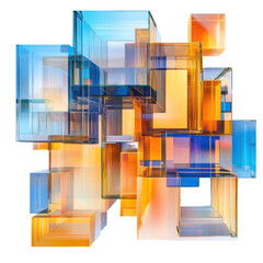 Abstract geometric design featuring colorful transparent cubes in blue, orange, and yellow hues, creating a modern artistic composition.