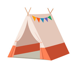 Illustration of a beige teepee tent with a colorful garland on a white background © Colorfuel Studio