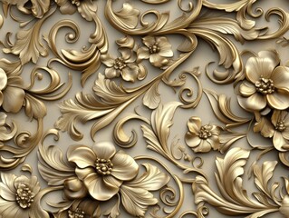 Intricate gold floral pattern with detailed leaves and petals, creating an ornate vintage design. Swirling elements enhance the luxurious aesthetic, resembling classical art
