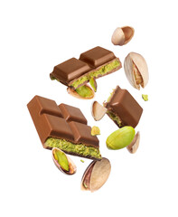 Dubai chocolate with pistachios in the air isolated on white background. Dubai chocolate is made with pistachio paste and kadayif