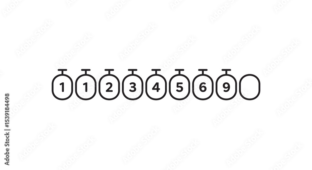 Aufkleber a row of outlined shapes resembling stopwatches with numbers inside and one empty shape icon art