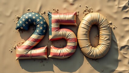 Inflatable number 250 on sandy beach american flag design