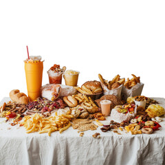 A Delicious Spread of Fast Food and Snacks on a White Tablecloth with Refreshing Drinks on transparent background