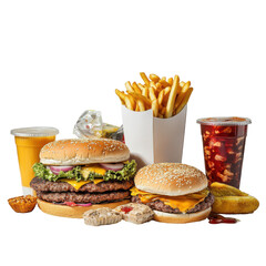 Delicious Fast Food Meal with Burgers, Fries, and Drinks for a Satisfying Experience on transparent background