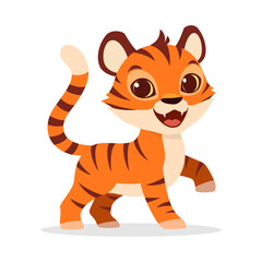 Adorable Cartoon Tiger Cub Standing on White Background with Happy Expression and Orange Fur