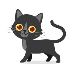 Cute Cartoon Black Cat Standing and Looking Forward with a Curious Expression on White Background