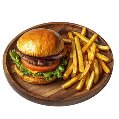 Delicious Cheeseburger with Fresh Lettuce, Tomato, and Crispy Fries on a Wooden Plate on transparent background