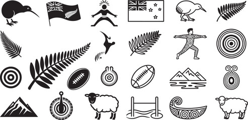 New Zealand Culture Icons Featuring Kiwi Bird, Rugby, and Maori Symbols.