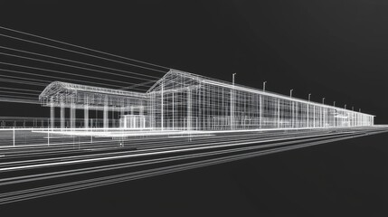 Wireframe design of a modern industrial building.