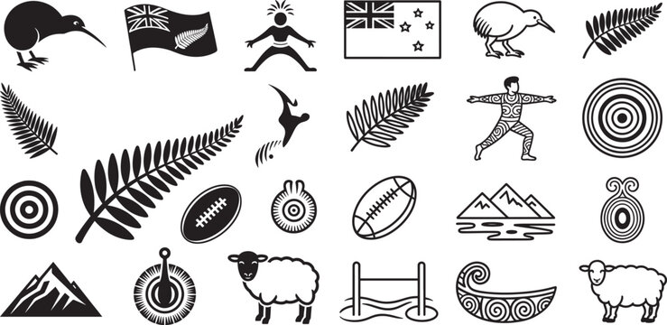 New Zealand Culture Icons Featuring Kiwi Bird, Rugby, and Maori Symbols.