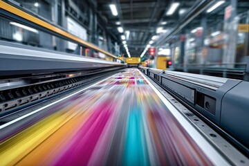 Large format printer printing large colorful banner in printing house