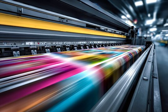 Large format inkjet printer printing a colorful banner in a printing shop