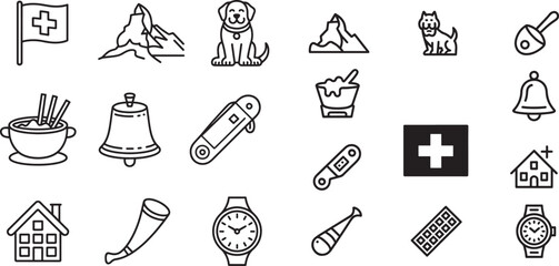 Swiss Culture Line Icons Featuring Mountains, Animals, and Famous Symbols.