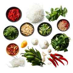 Fresh Asian Ingredients for Flavorful Dishes: Noodles, Herbs, and Spices in a Culinary Setup on transparent background