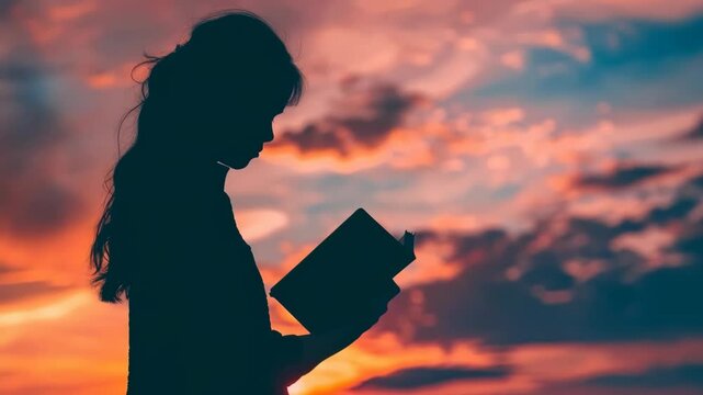 Silhouette of Person Reading Against Vibrant Pink and Orange Sunset Sky with Calm Reflective Mood