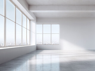 Obraz premium Bright, airy interior space with concrete floor and large windows overlooking a cityscape. Minimalist design, suitable for office, studio, or showroom concept.