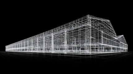 Architectural wireframe of a large industrial building.