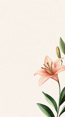Fototapeta premium Elegant floral depiction featuring a serene peach-colored lily blossom gracefully positioned against a soft cream backdrop, exuding timeless beauty.