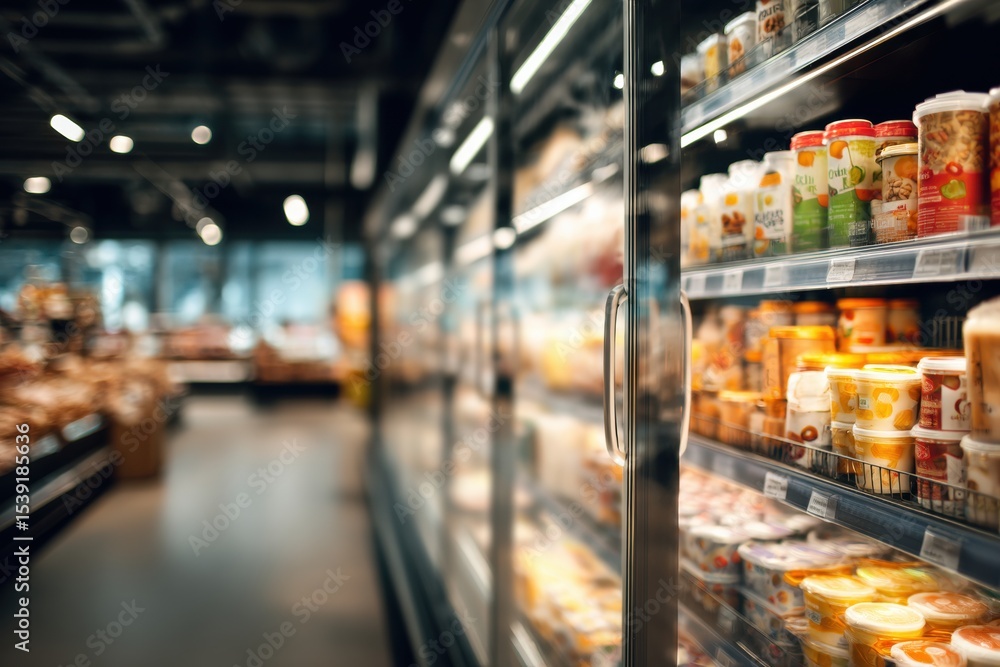Poster blurred background of a supermarket's frozen food section with empty space for text fresh vegetables