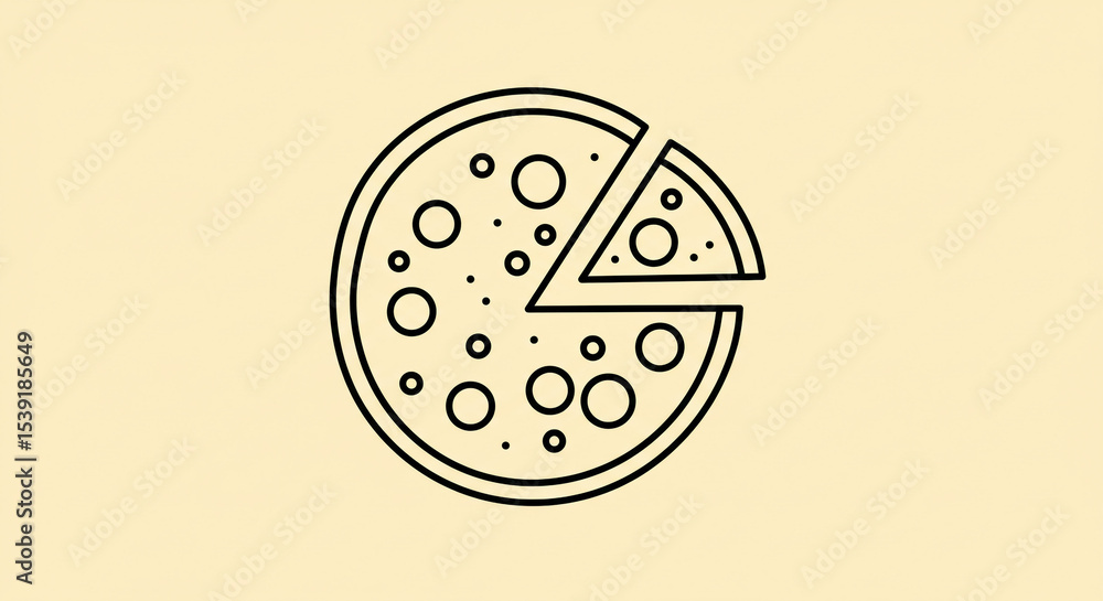 Aufkleber a line drawing of a pizza with a slice removed on a light yellow background in a minimalist style