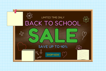 Back to school sale chalkboard with sticky notes, hand-drawn doodles, and discount message on grid paper background. For seasonal promotion, shopping advertisement, online store, marketing material.