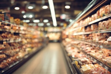 Blurred background of a frozen food aisle in a grocery store, with no focus on the products and empty space for text Generative AI