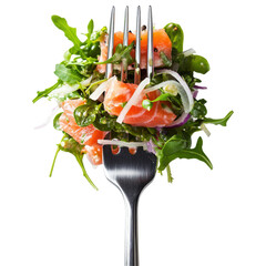 Fresh Salmon Salad on a Fork with Mixed Greens and Vegetables, Perfect for Healthy Eating Enthusiasts on transparent background