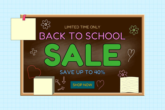 Back to school sale chalkboard with sticky notes, hand-drawn doodles, and discount message on grid paper background. For seasonal promotion, shopping advertisement, online store, marketing material.