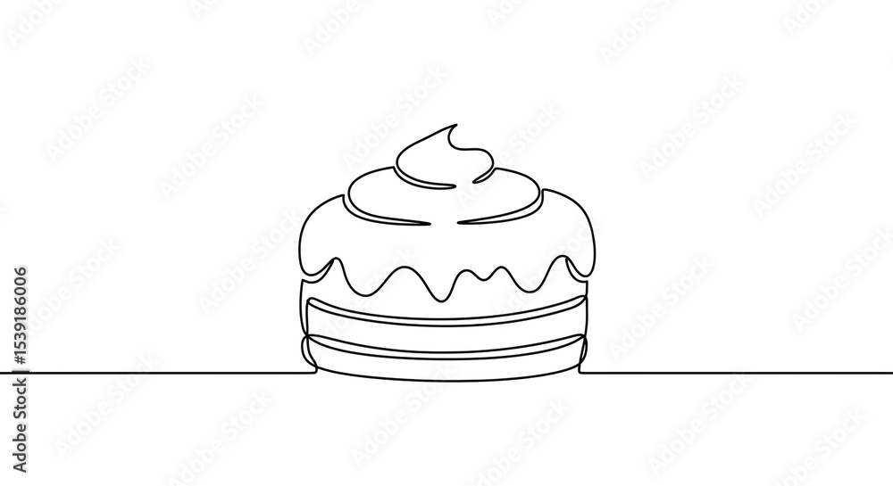 Poster a continuous line drawing of a cake with icing and layers on a white background in a simple style